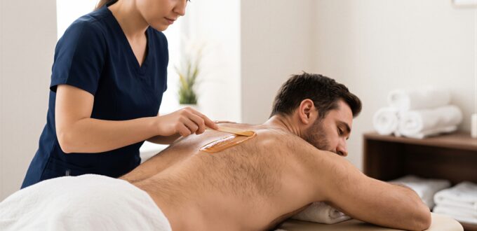Young woman applying wax to man's hairy back